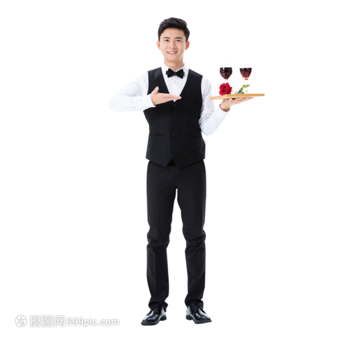 遞送紅酒和玫瑰花的服務員形象